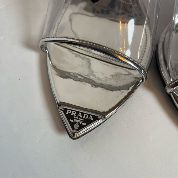 Prada | Plexiglass Logo Metallic ARGENTO CALFSKIN METAL 75MM SLIDE SANDALS 41 - Picture 2 of 6